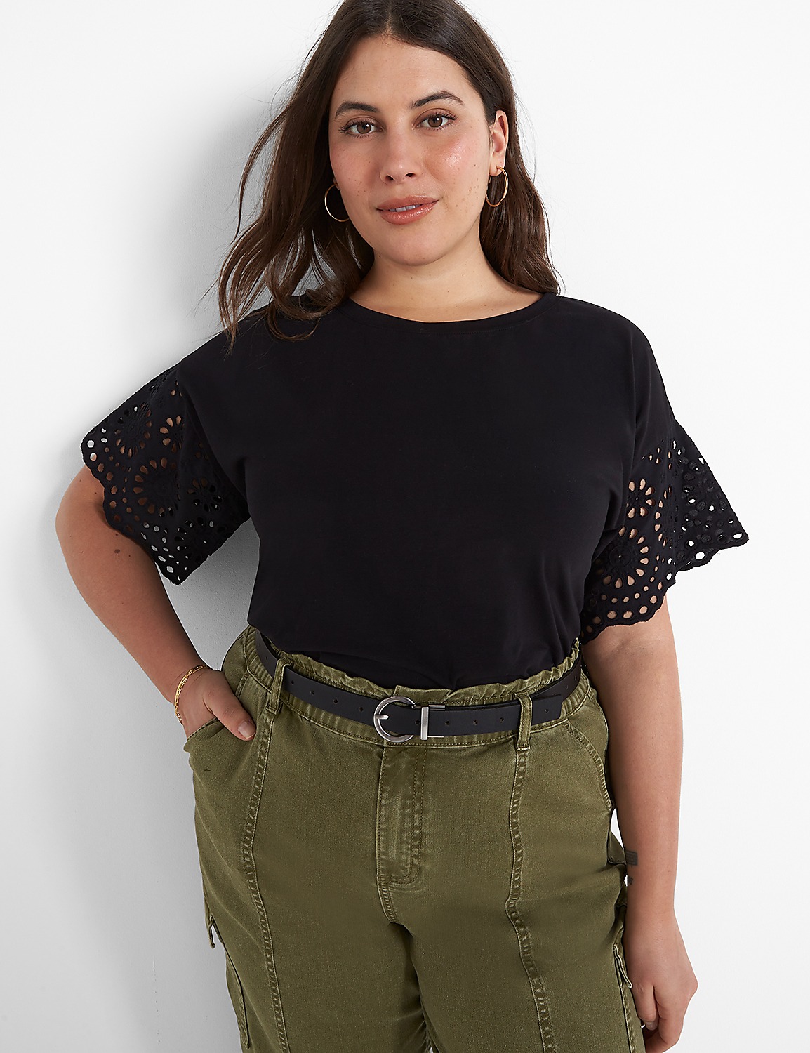 Woven Eyelet-Sleeve Crew-Neck Tee Product Image 3