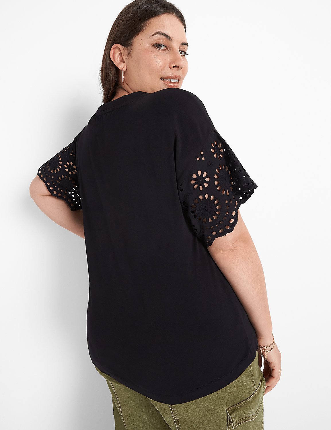 Woven Eyelet-Sleeve Crew-Neck Tee Product Image 2