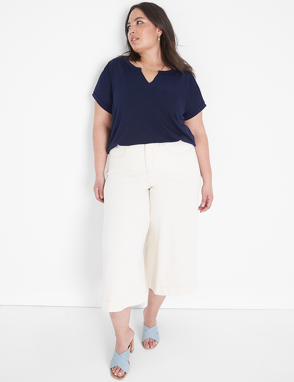 Relaxed Cap-Sleeve Notch-Neck Texture Knit Top - thumbnail 7