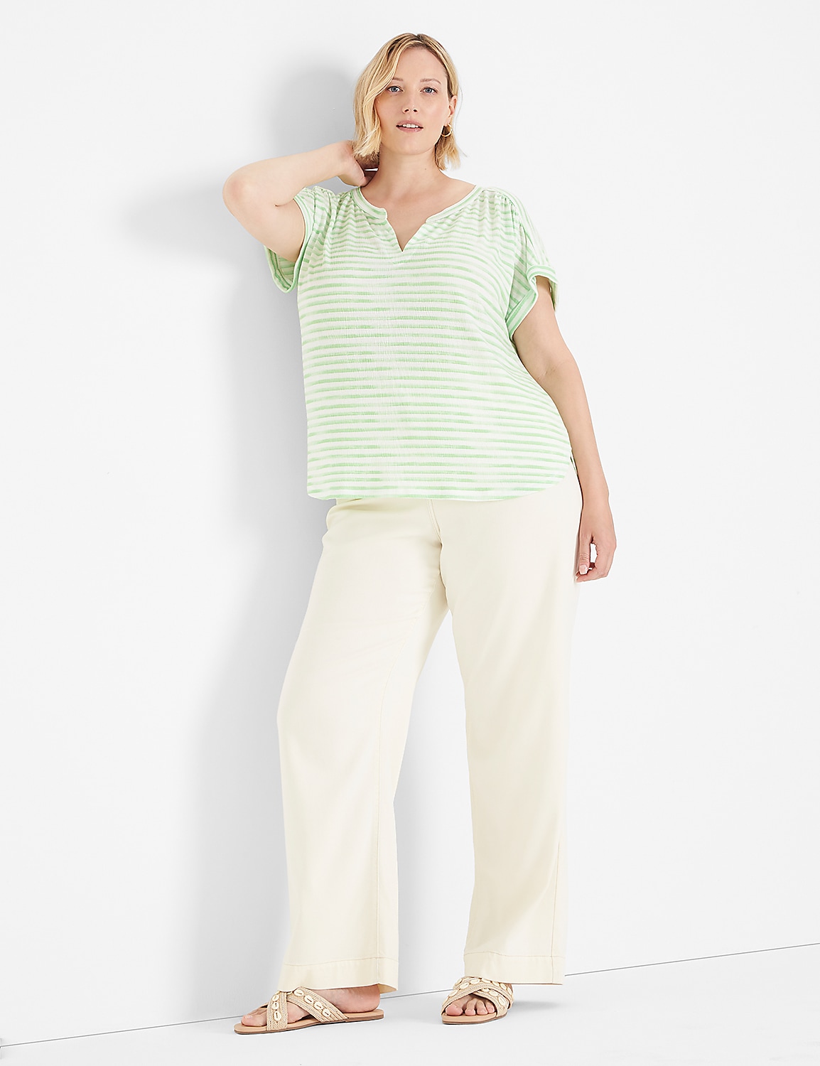 Relaxed Cap-Sleeve Notch-Neck Texture Knit Top - thumbnail 3