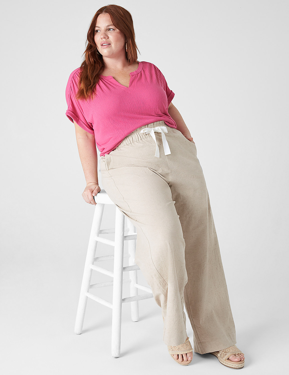 Relaxed Cap-Sleeve Notch-Neck Texture Knit Top Product Image 3