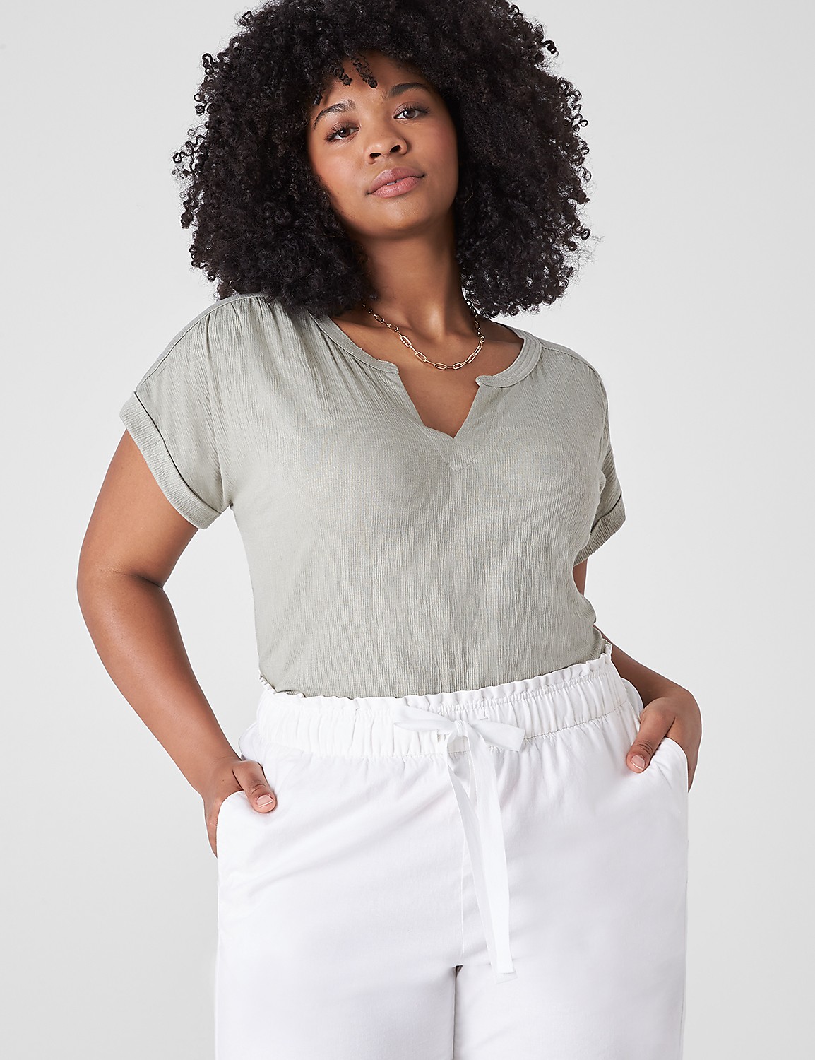 Relaxed Cap-Sleeve Notch-Neck Texture Knit Top - thumbnail 10