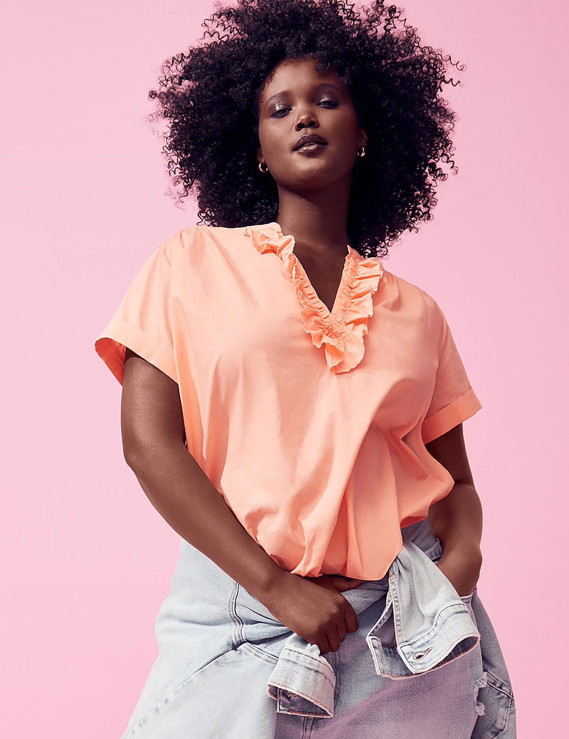 Relaxed Ruffle Notch-Neck Woven-Front Top - thumbnail 6