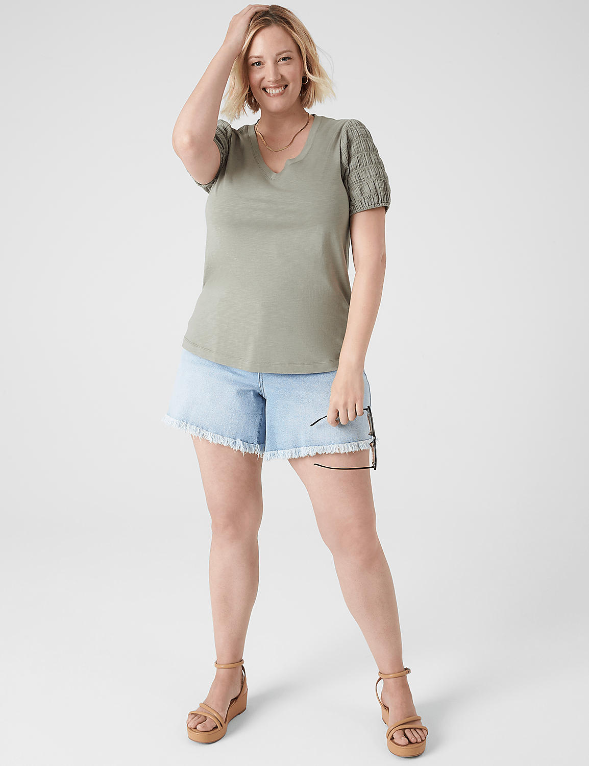 Blouson Woven-Sleeve V-Neck Tee - thumbnail 6