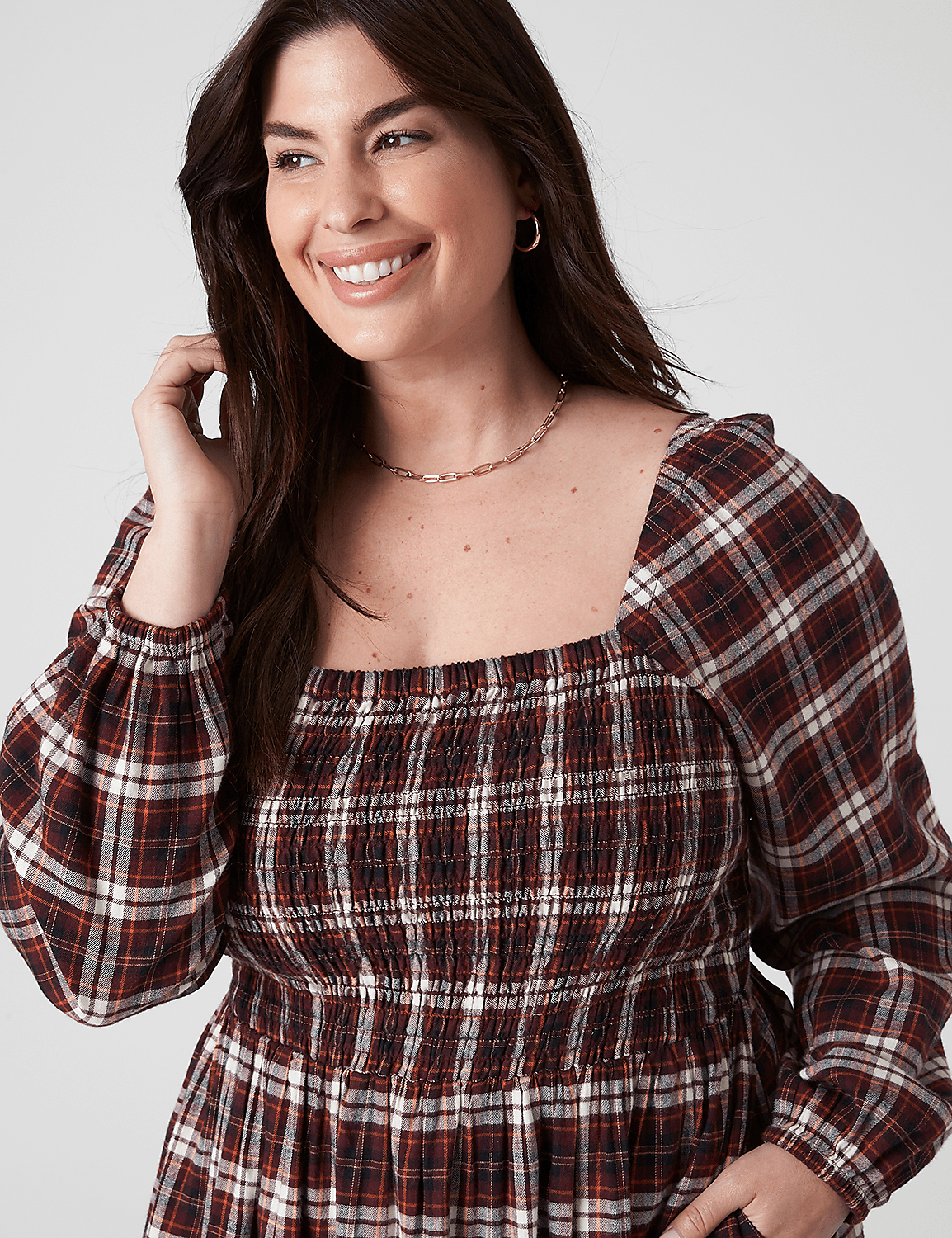 Square-Neck Smocked Plaid Midi Dress Product Image 3