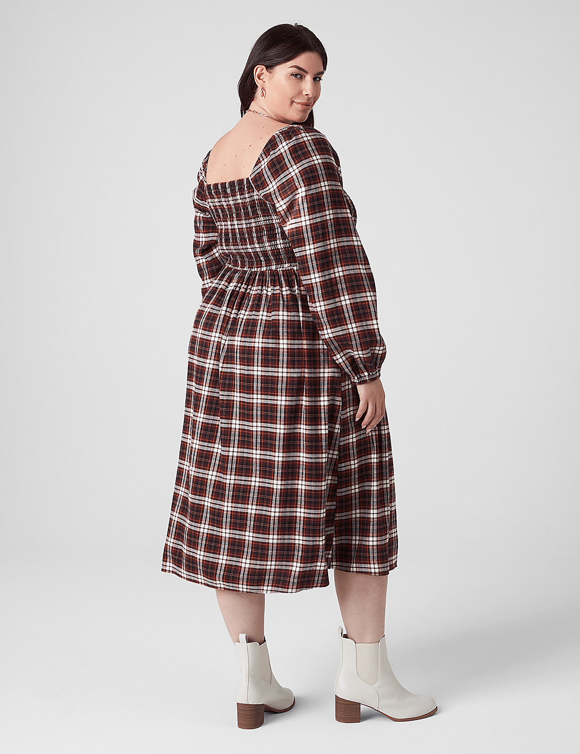Square-Neck Smocked Plaid Midi Dress Product Image 2