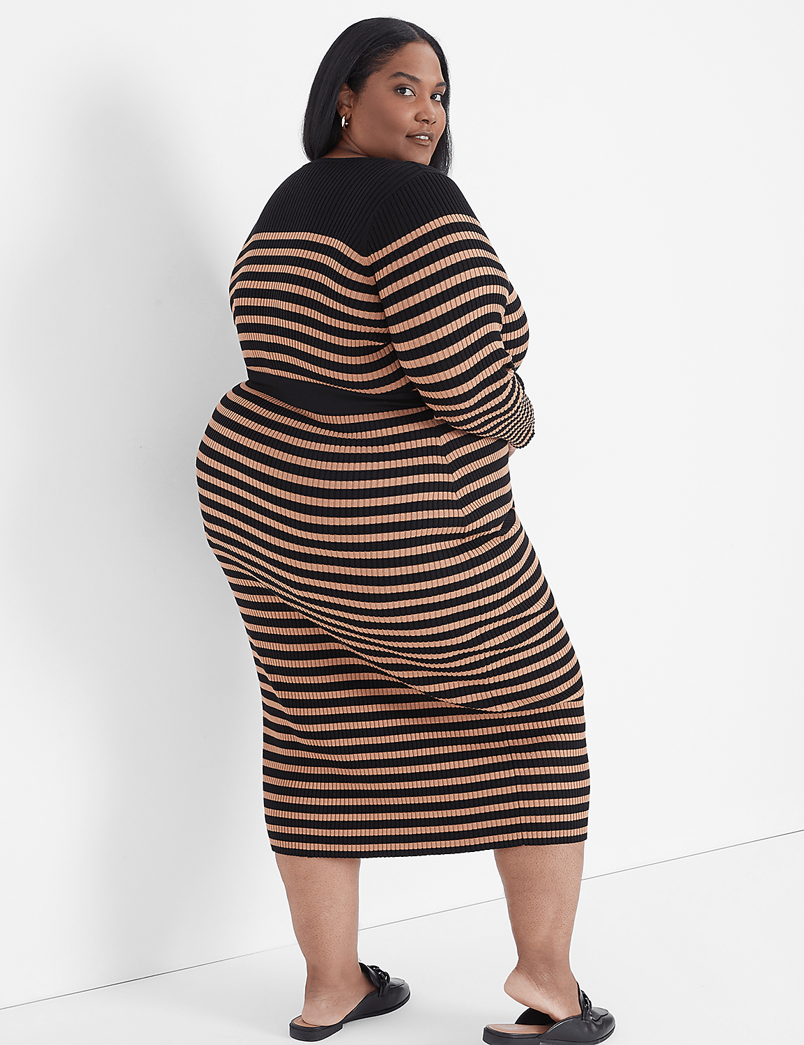 Long-Sleeve V-Neck Stripe Rib Sweater Midi Dress Product Image 2