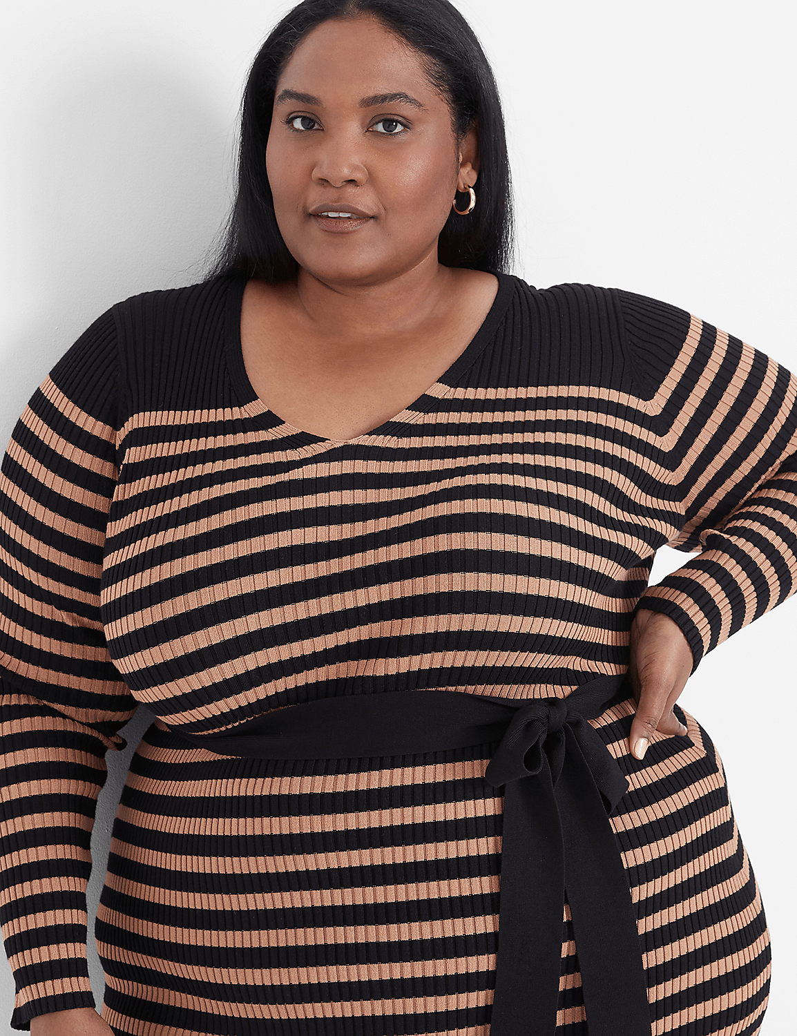 Long-Sleeve V-Neck Stripe Rib Sweater Midi Dress Product Image 3