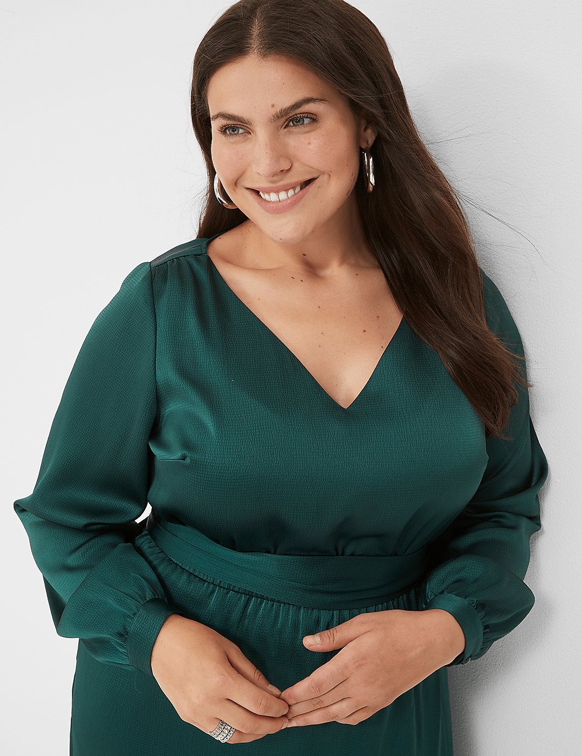 Textured Satin Long-Sleeve Wrap-Skirt Midi Dress Product Image 3