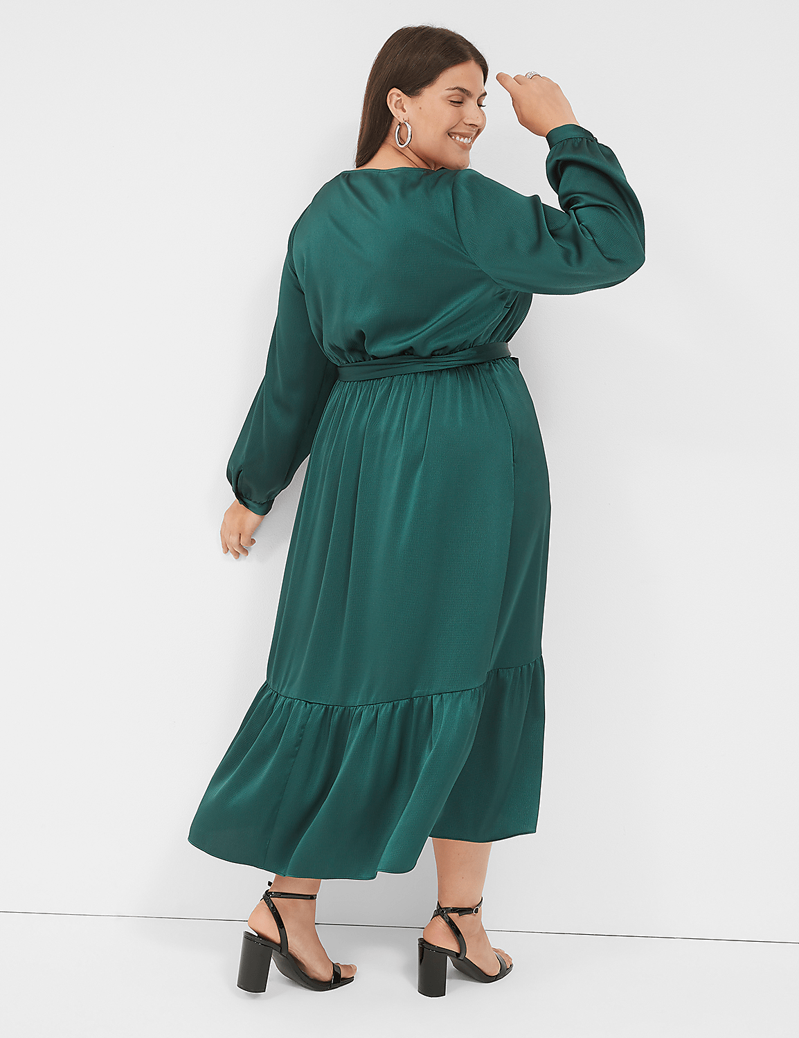 Textured Satin Long-Sleeve Wrap-Skirt Midi Dress Product Image 2