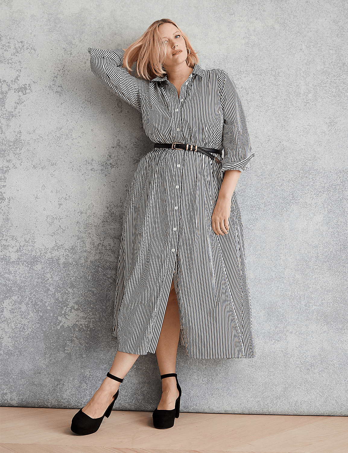 Long-Sleeve Striped Shirt Dress Product Image 4