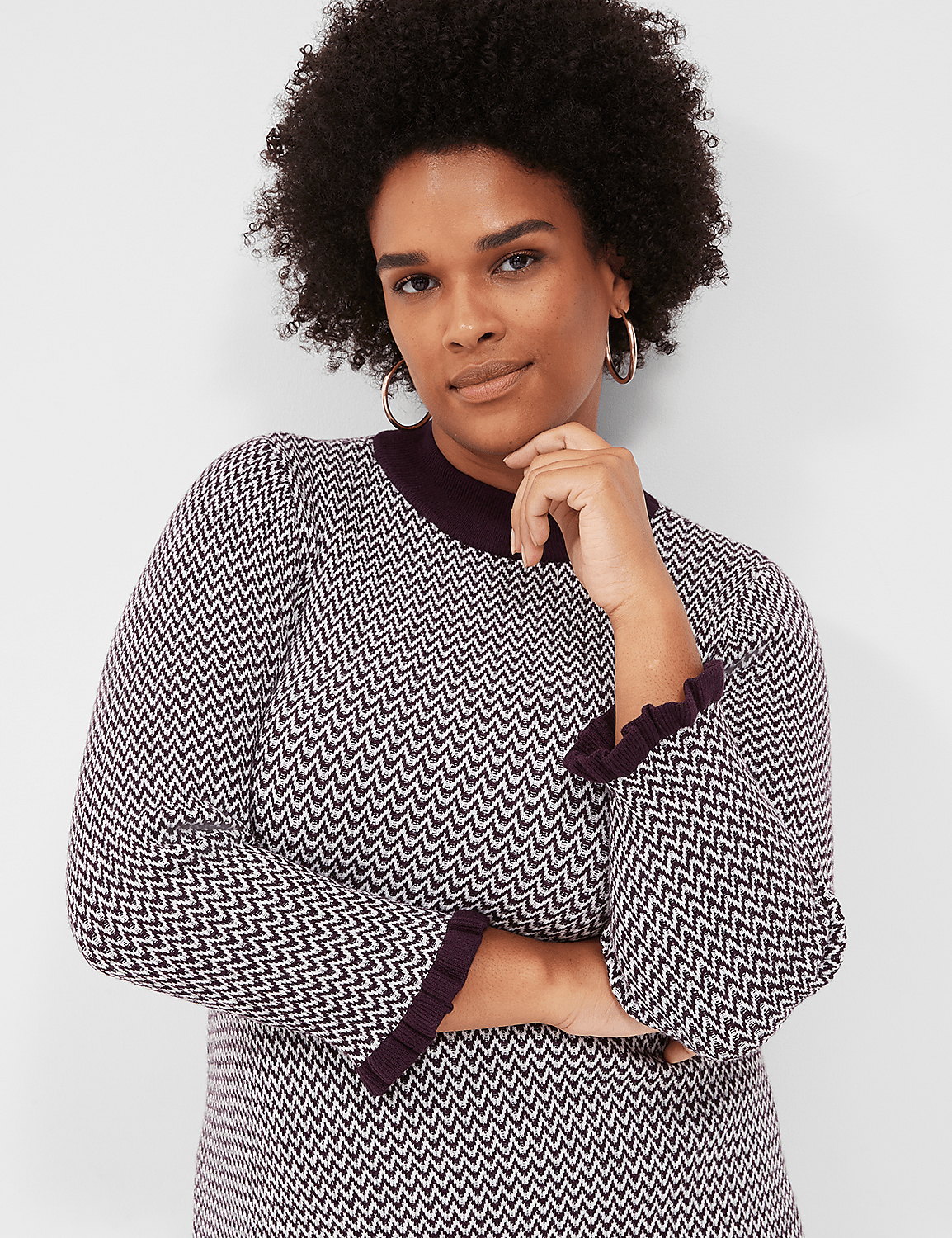 3/4-Sleeve Mock-Neck Stripe Detail Sweater Midi Dress Product Image 3