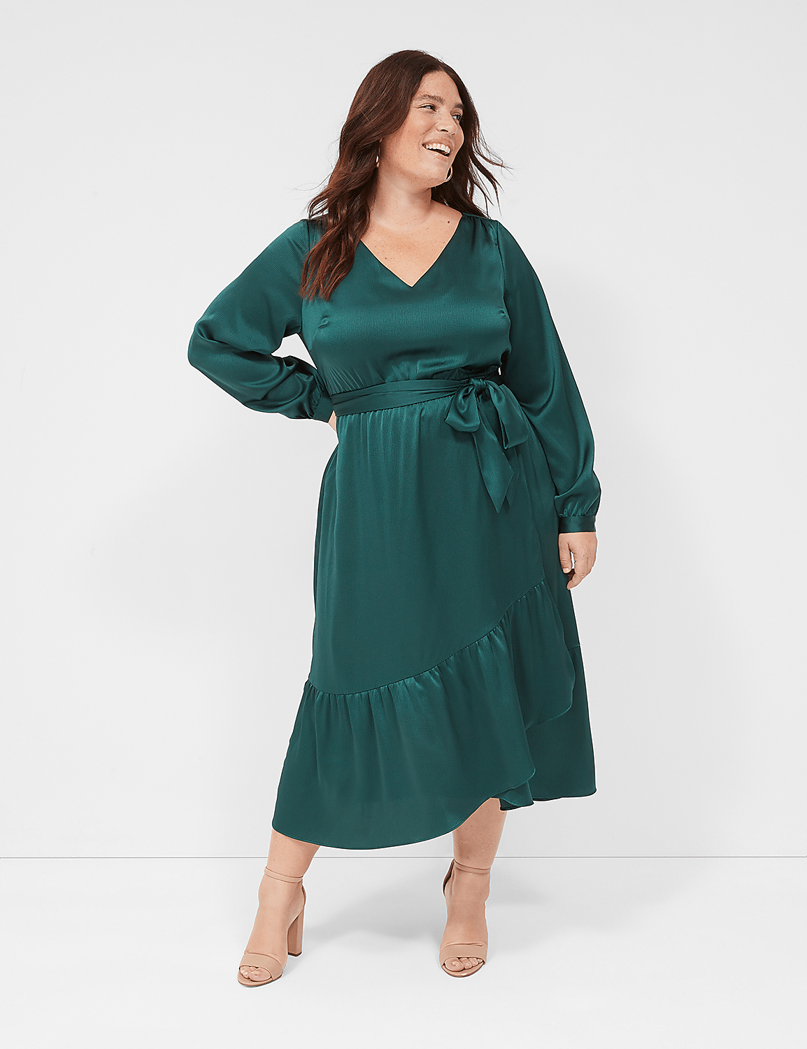 Textured Satin Long-Sleeve Wrap-Skirt Midi Dress Product Image 4