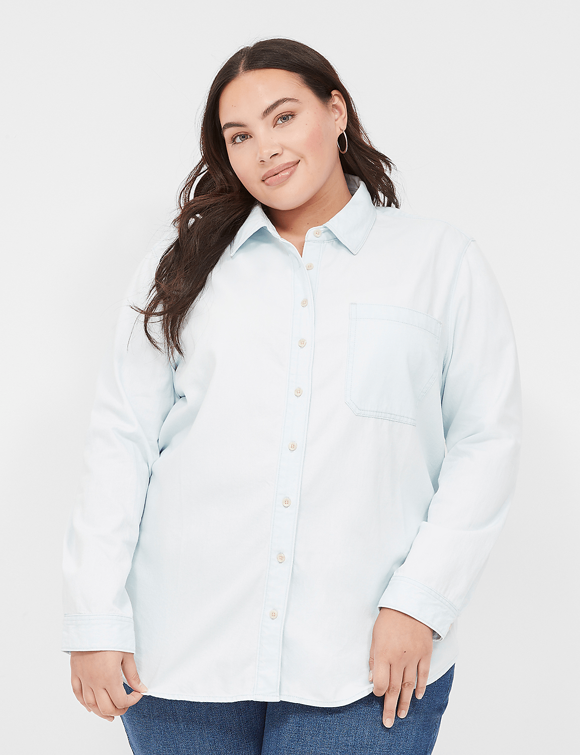 Long-Sleeve Button-Front Denim Boyfriend Shirt Product Image 1