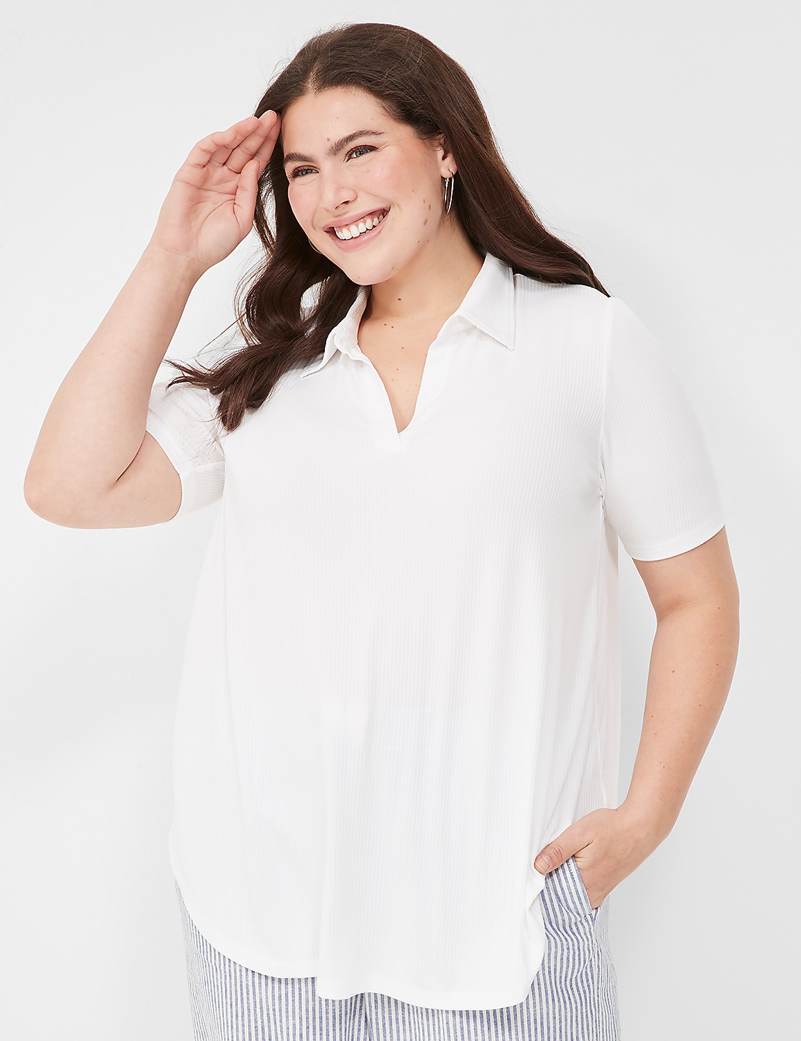 Elbow-Sleeve Split-Neck Swing Polo Top Product Image 1