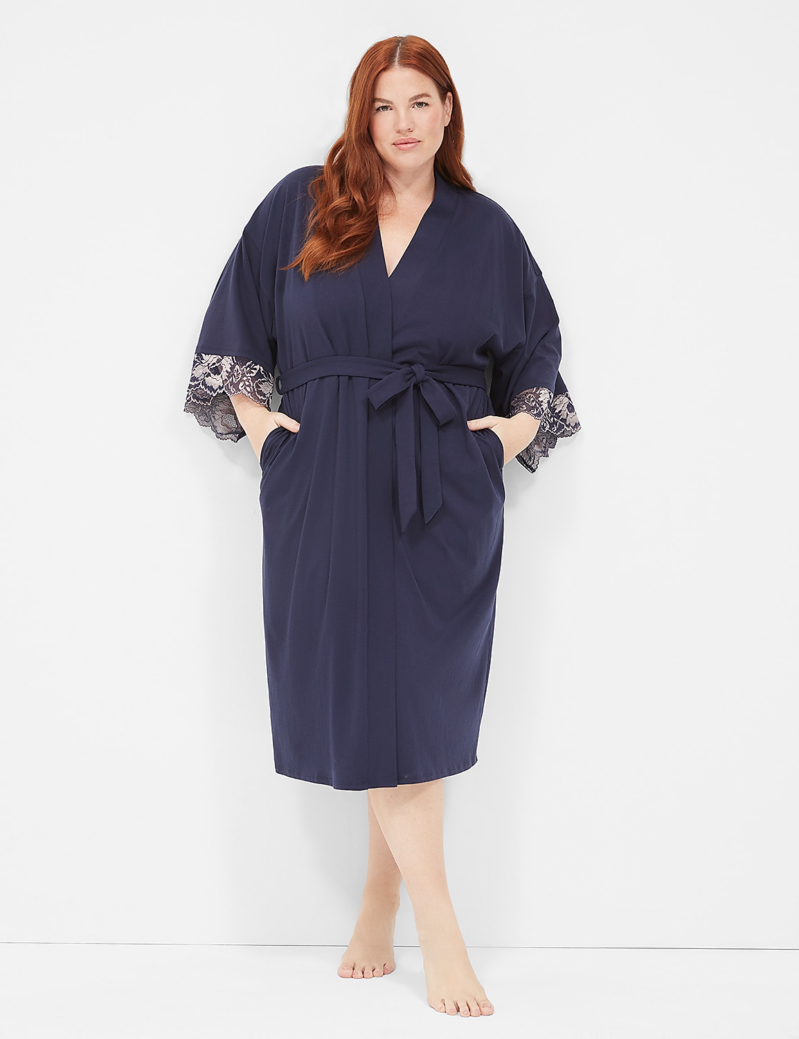 Comfy Cotton Lace-Trim Midi Robe | LaneBryant