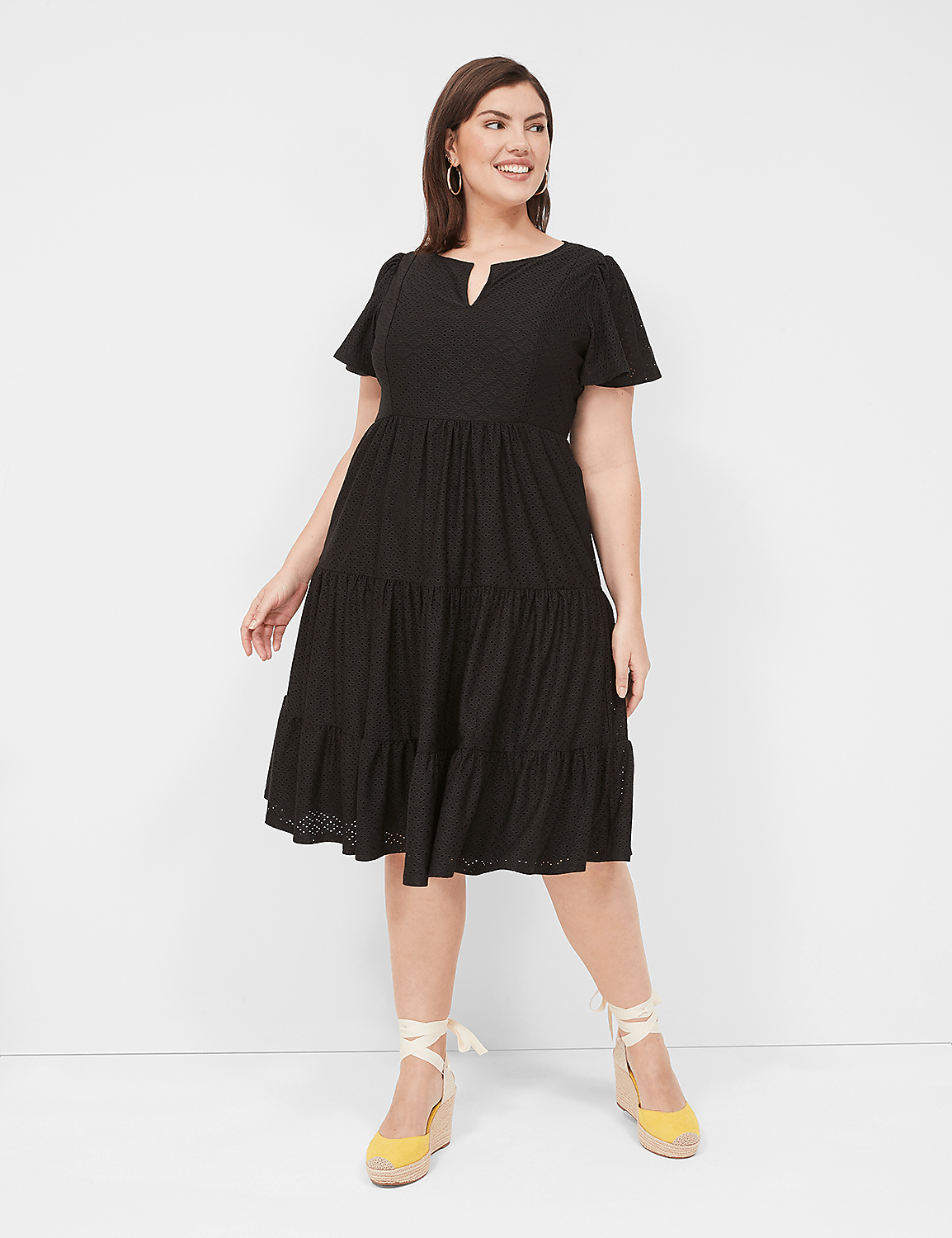 Split Crew-Neck Tiered Knit Eyelet Dress Product Image 1