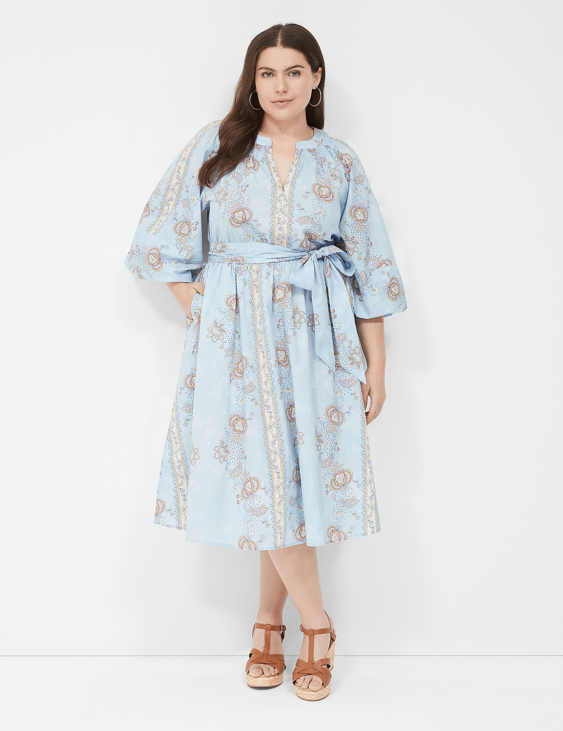 Long Blouson-Sleeve Notch-Neck Midi Dress Product Image 1