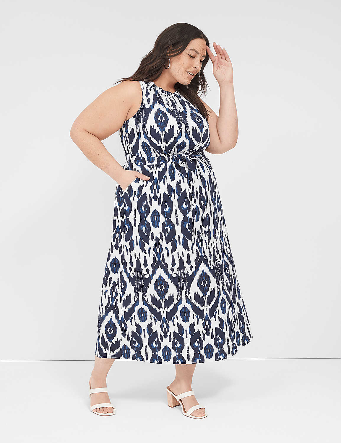 Elastic-Neck Tie-Waist Midi Dress Product Image 1