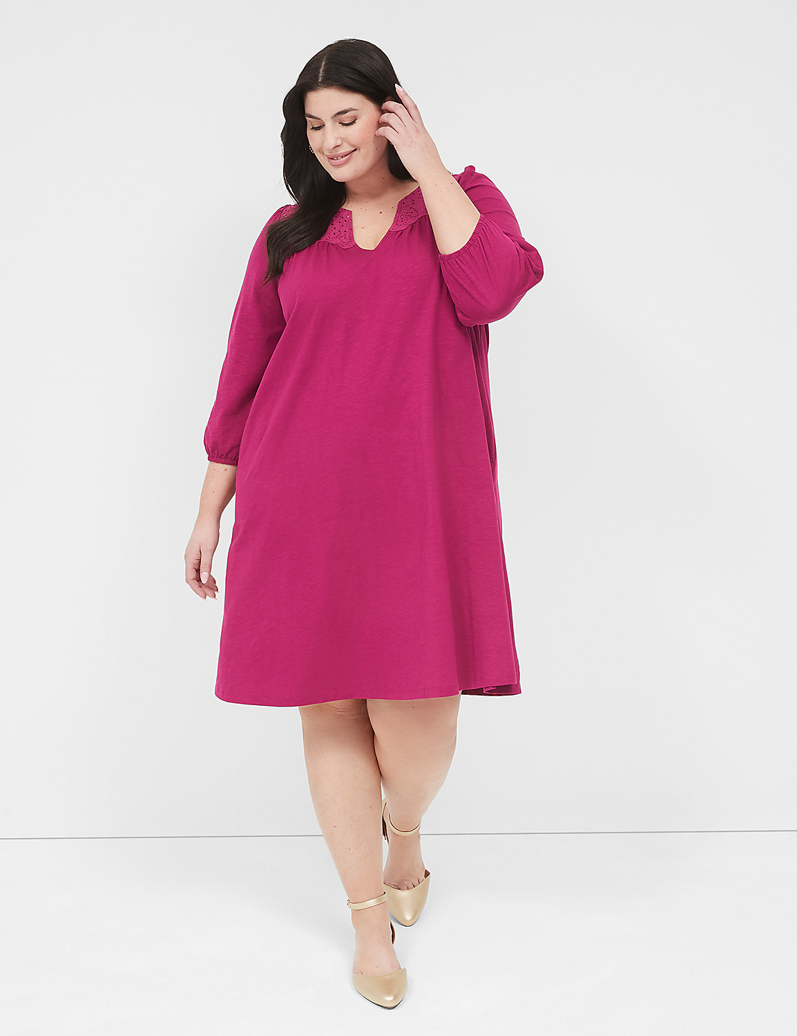 3/4-Sleeve Eyelet-Detail Swing Dress Product Image 1