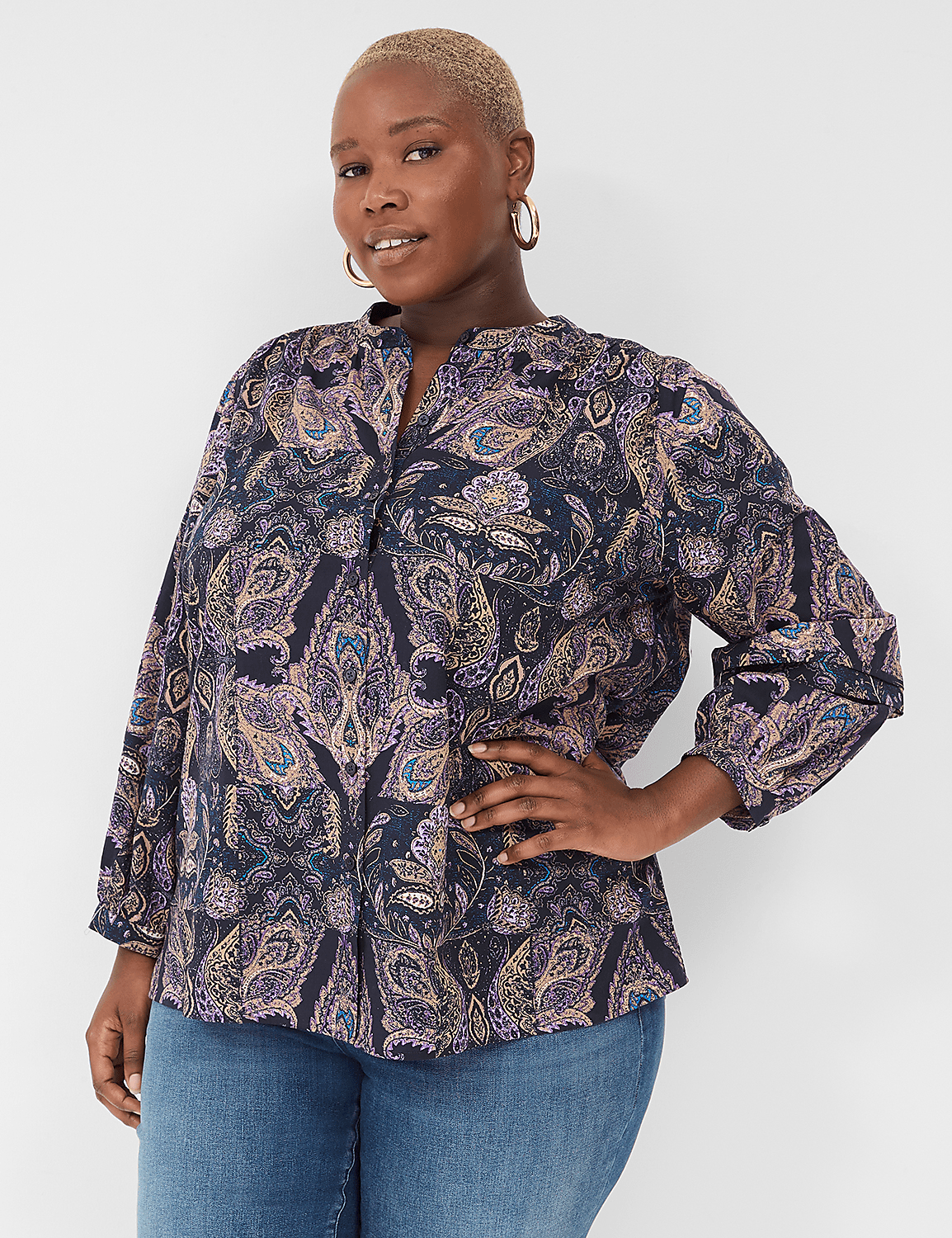 Bracelet-Sleeve Button-Front Blouse Product Image 1