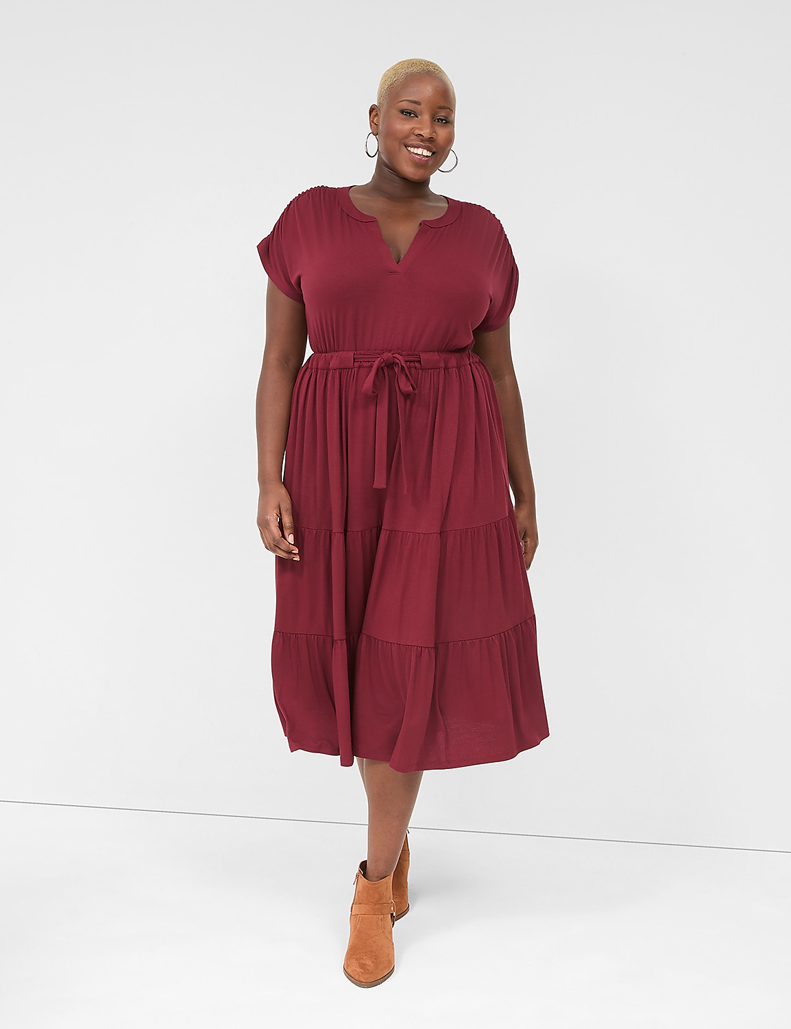 Shirred-Shoulder Tie-Waist Jersey Midi Dress Product Image 1