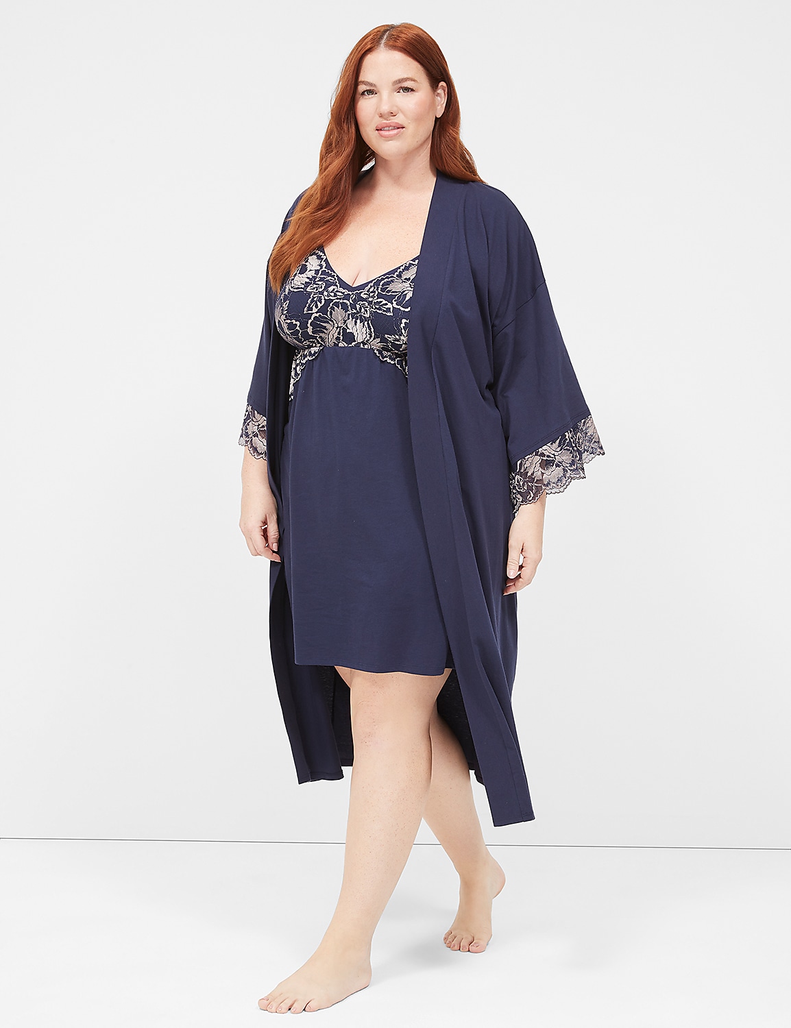 Comfy Cotton Lace-Trim Midi Robe | LaneBryant
