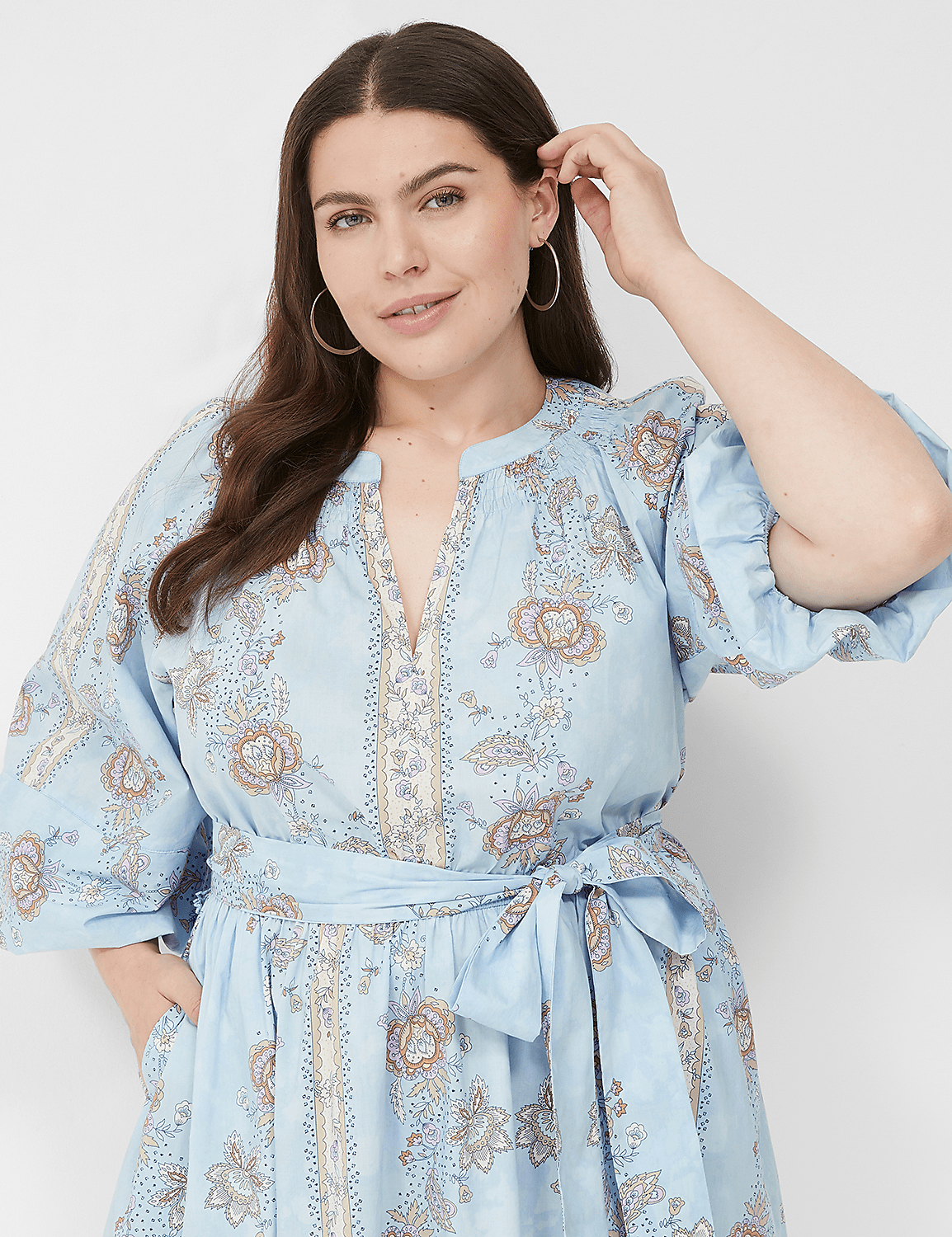 Long Blouson-Sleeve Notch-Neck Midi Dress Product Image 3