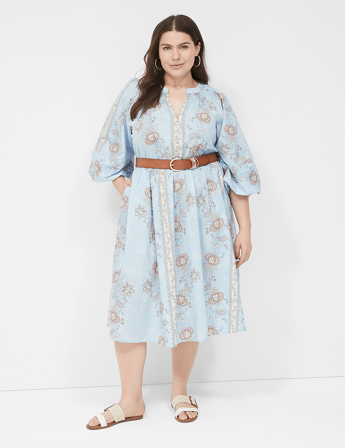 Long Blouson-Sleeve Notch-Neck Midi Dress Product Image 4