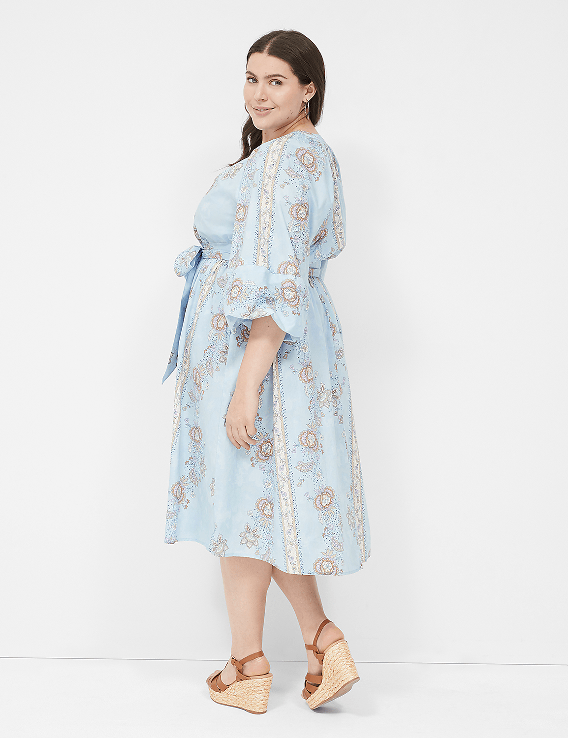 Long Blouson-Sleeve Notch-Neck Midi Dress Product Image 2