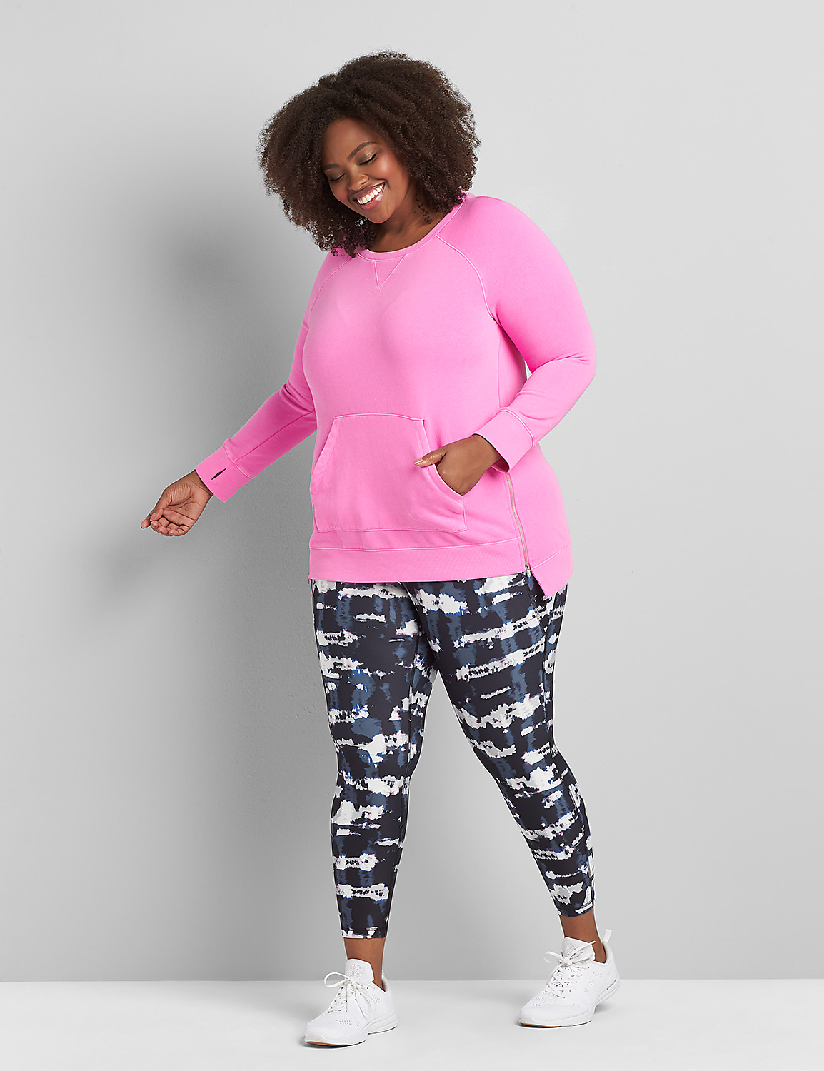 Long Sleeve Crew Neck Zipper Detail French Terry Tunic S 1116883:Bold Pink 62-0005-15:14/16 Product Image 3