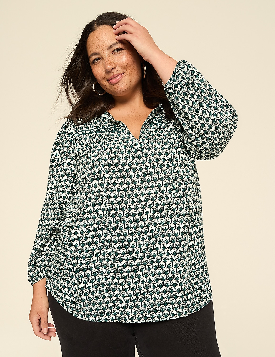 Bracelet-Sleeve Split-Neck Popover Blouse Product Image 1