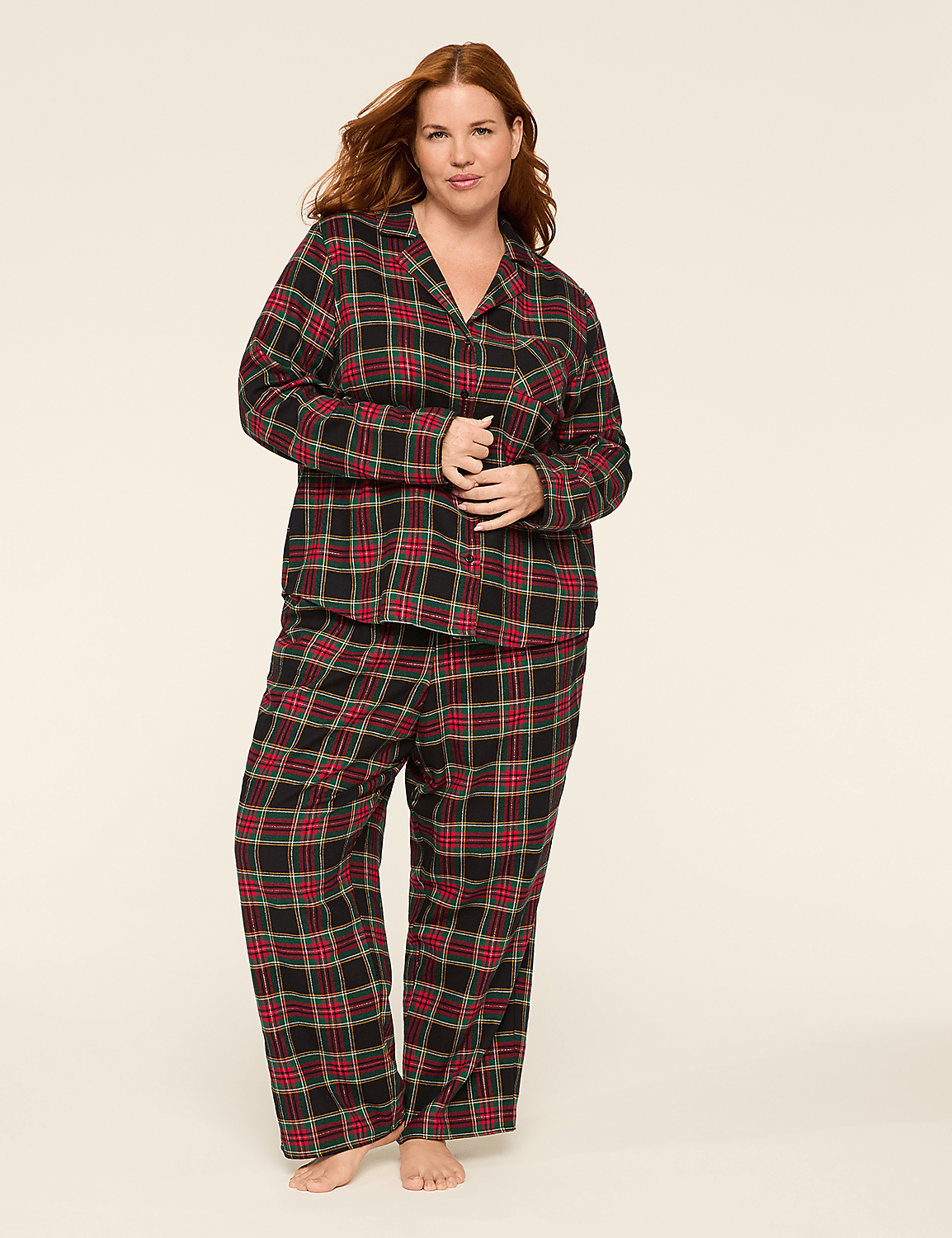 Lurex Flannel Long-Sleeve Notch-Neck Top & Pant PJ Set Product Image 1