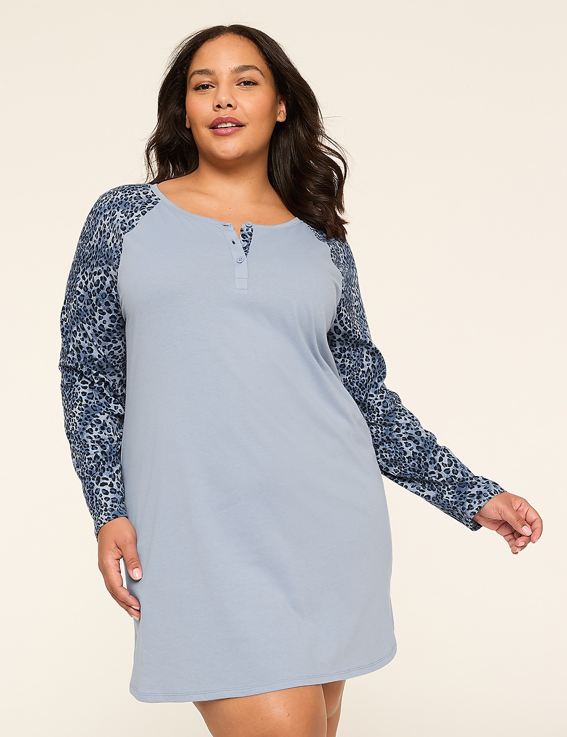 Comfy Cotton Print-Sleeve Henley Sleepshirt Product Image 1
