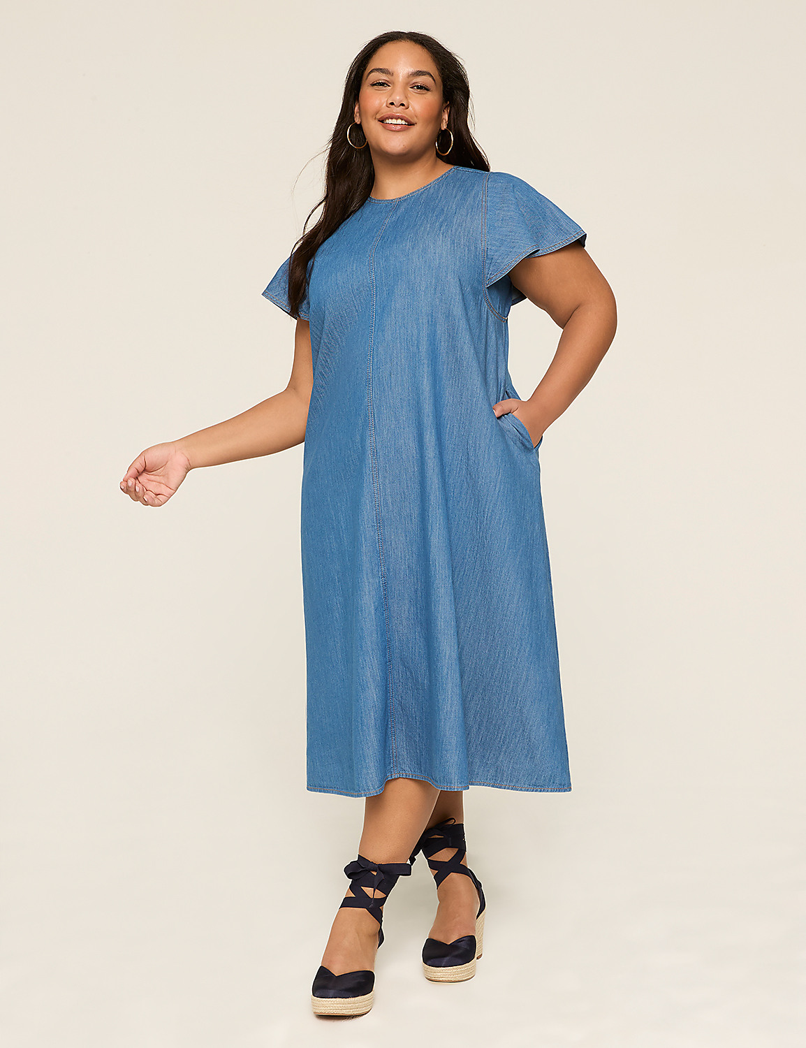lane bryant denim dress SL TUCK SHOULDER TEIRED SHIRTDRESS