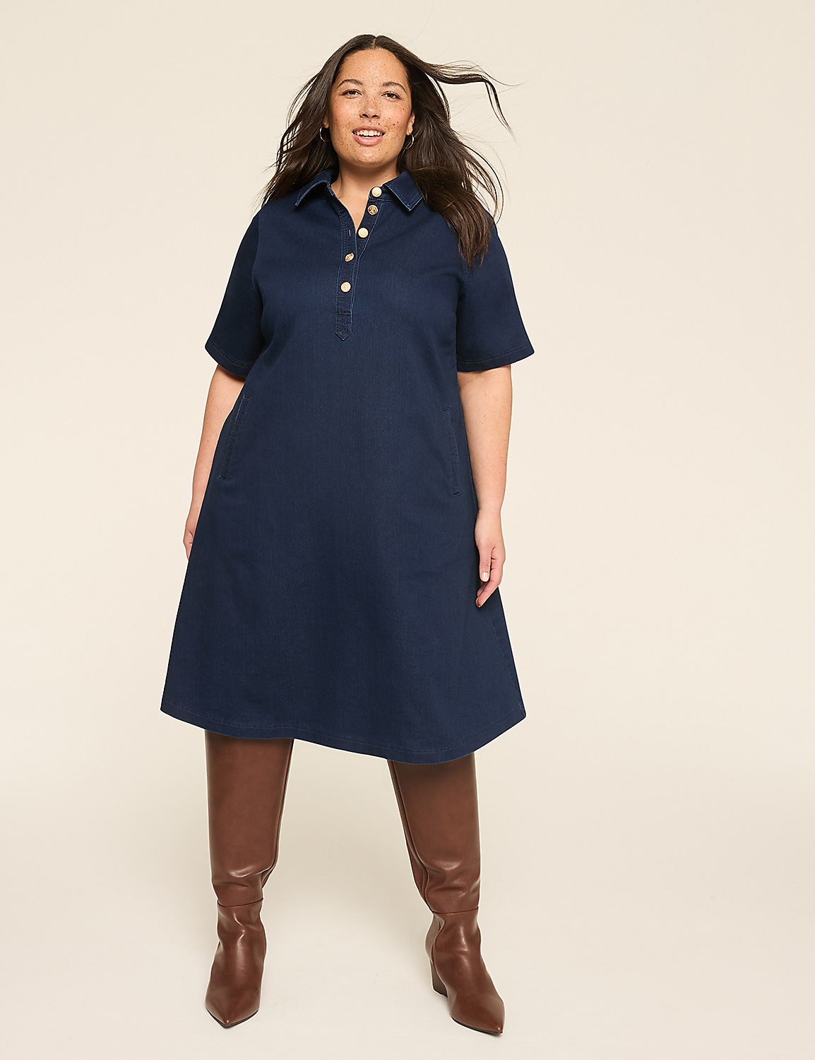 lane bryant denim shirt dress Short-Sleeve Collared Knit Denim Dress