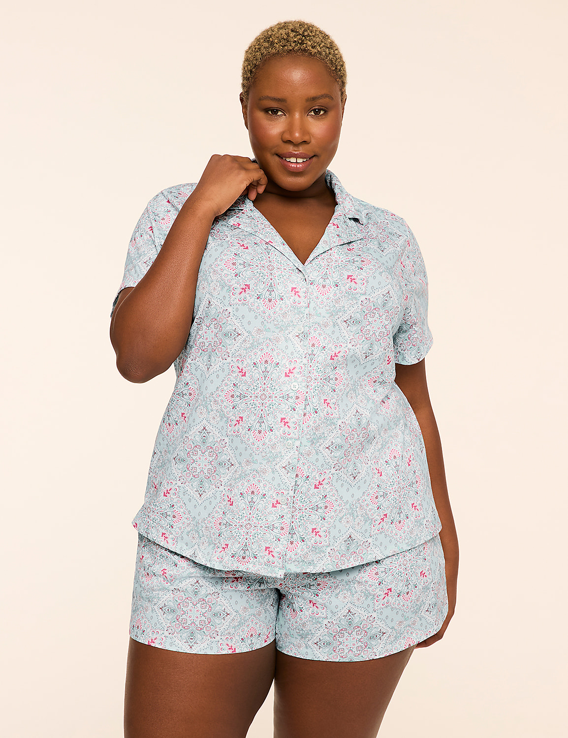 100% Cotton Notch-Neck Top & Short PJ Set Product Image 1