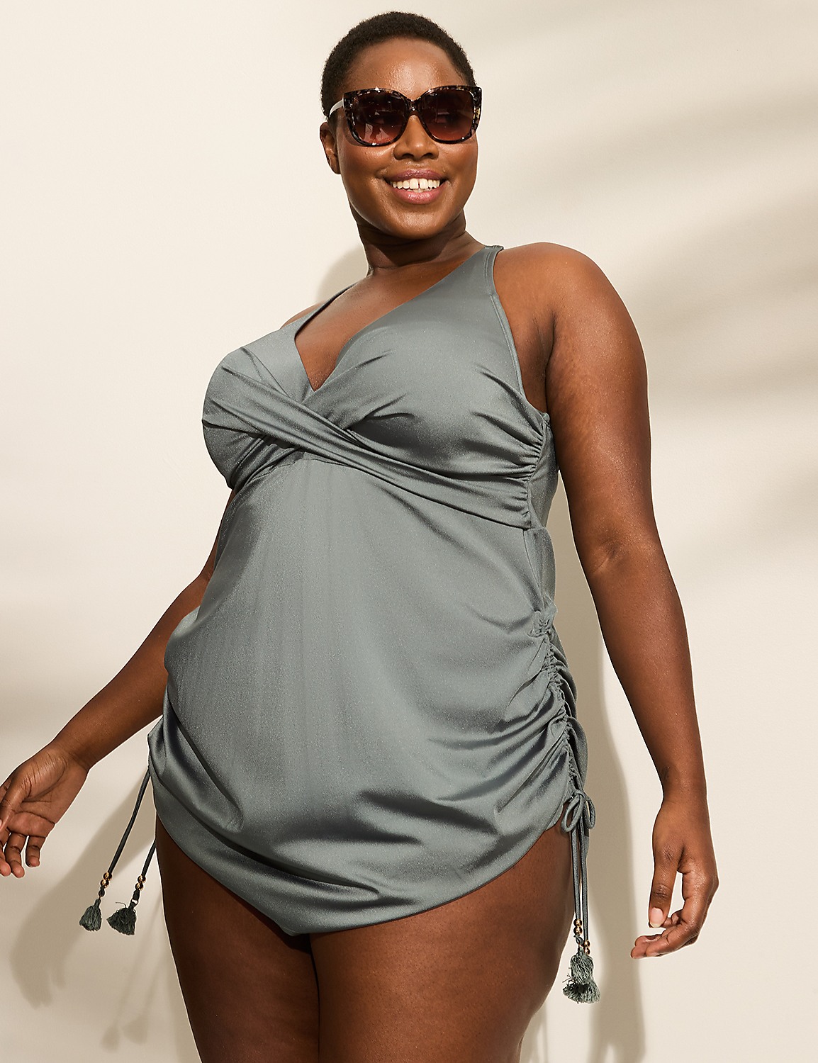 Underwire Shimmer Wrap-Front Plunge Swim Dress Product Image 5