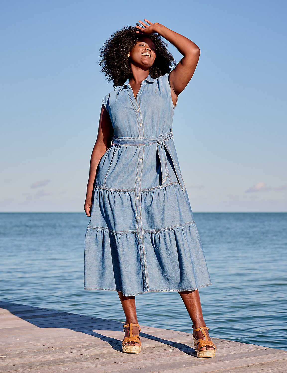 denim tiered dress womens Women's Denim Tiered Dress