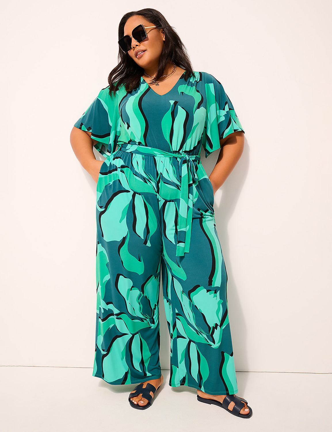 Flutter-Sleeve V-Neck Wide Leg Jersey Jumpsuit Product Image 4