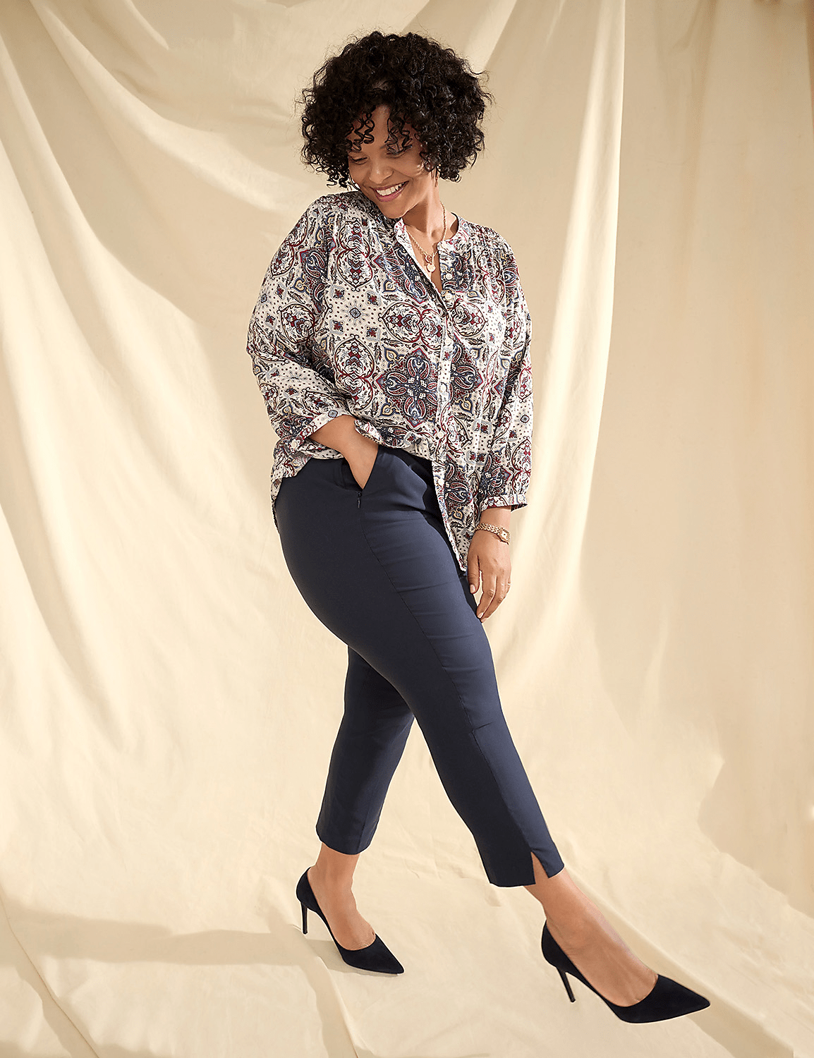 3/4-Sleeve Crew-Neck Button-Front Top Product Image 4