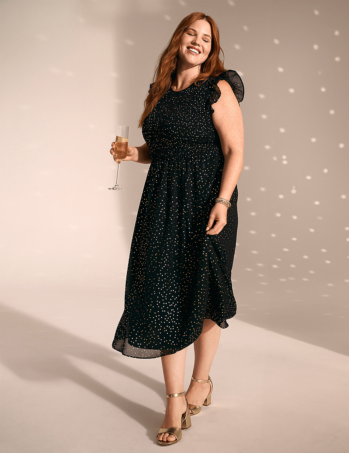 Foil Shimmer Flutter-Sleeve Smocked-Bodice Midi Dress Product Image 4