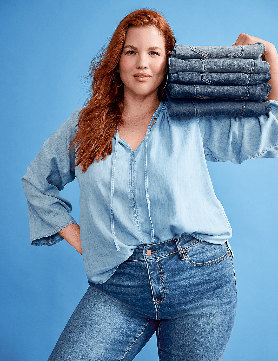Split-Neck Bracelet Sleeve Denim Blouse Product Image 4