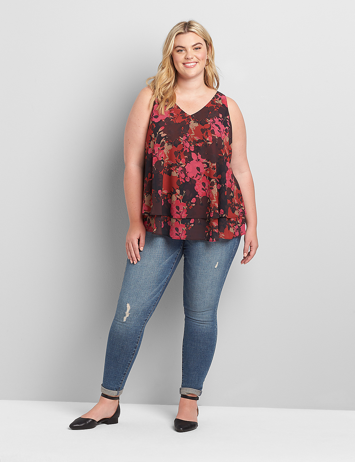 Lane Essentials Printed Double Layer V-Neck Swing Tank Product Image 3