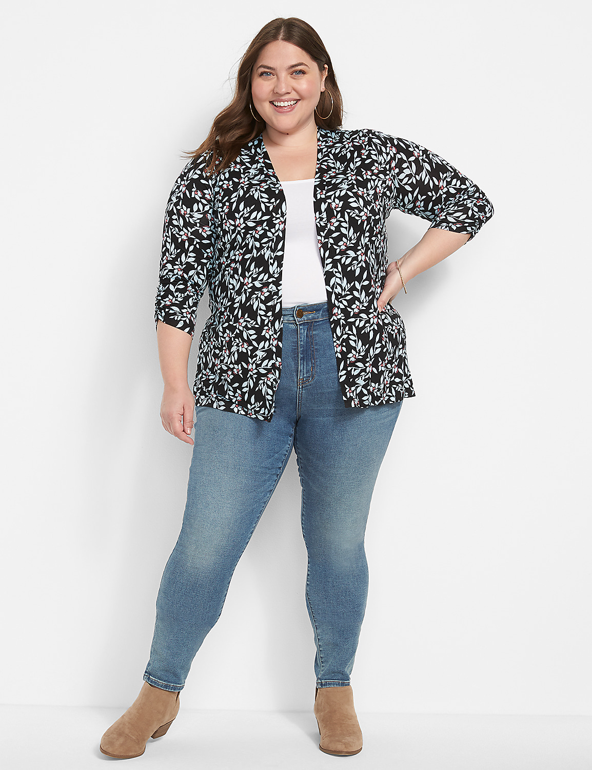 Classic 3/4 Ruched-Sleeve Open-Front Overpiece Product Image 3