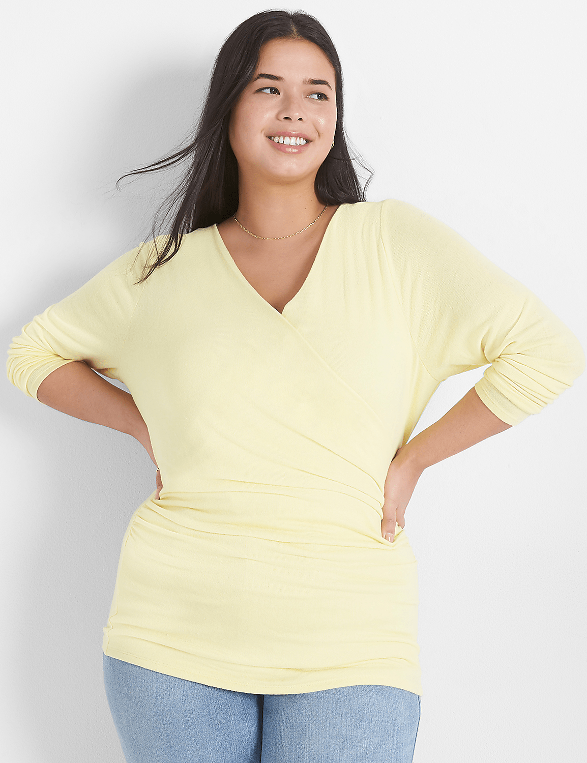 Classic Faux-Wrap Ruched-Side Top Product Image 1