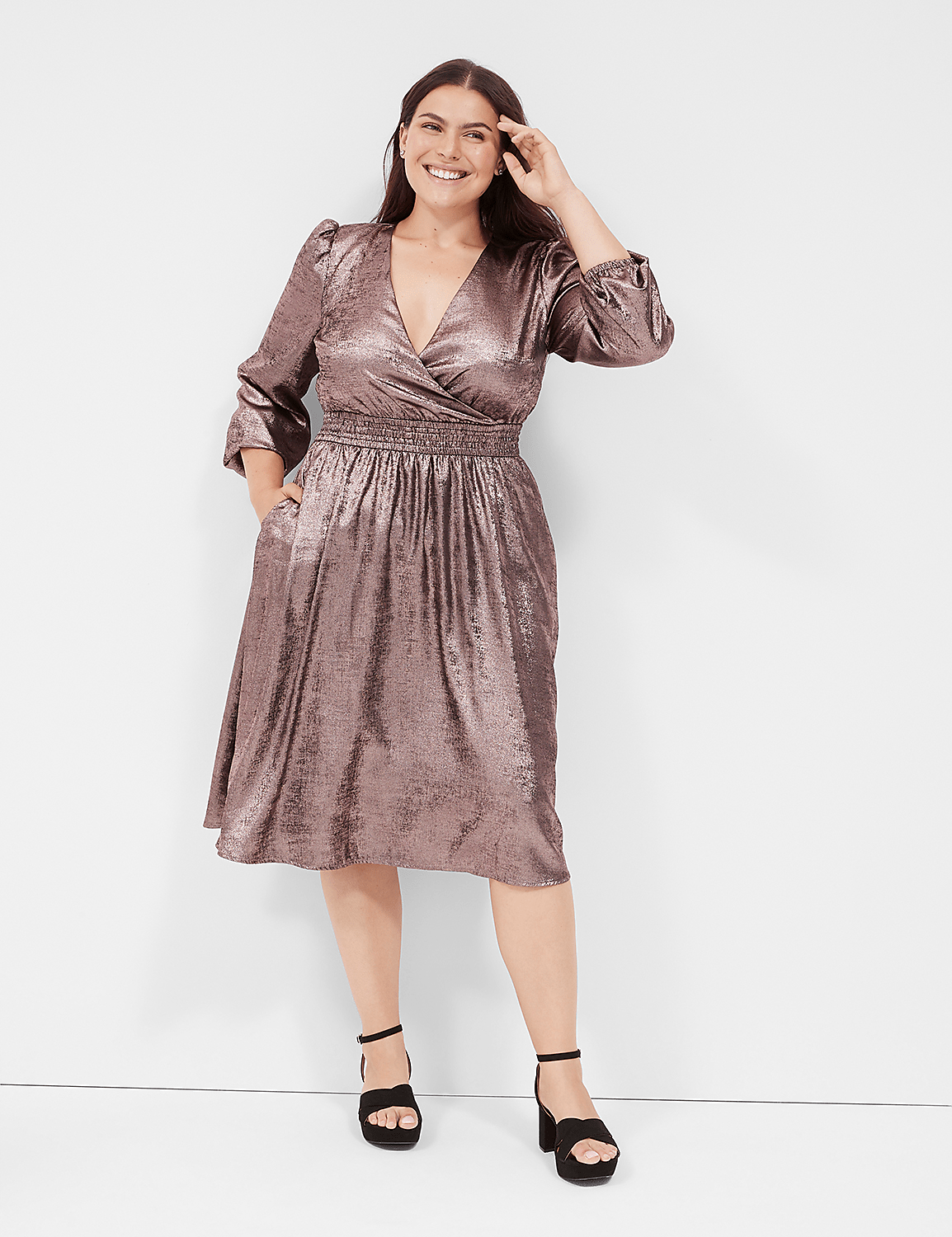 Blouson-Sleeve Surplice Metallic Midi Dress Product Image 1