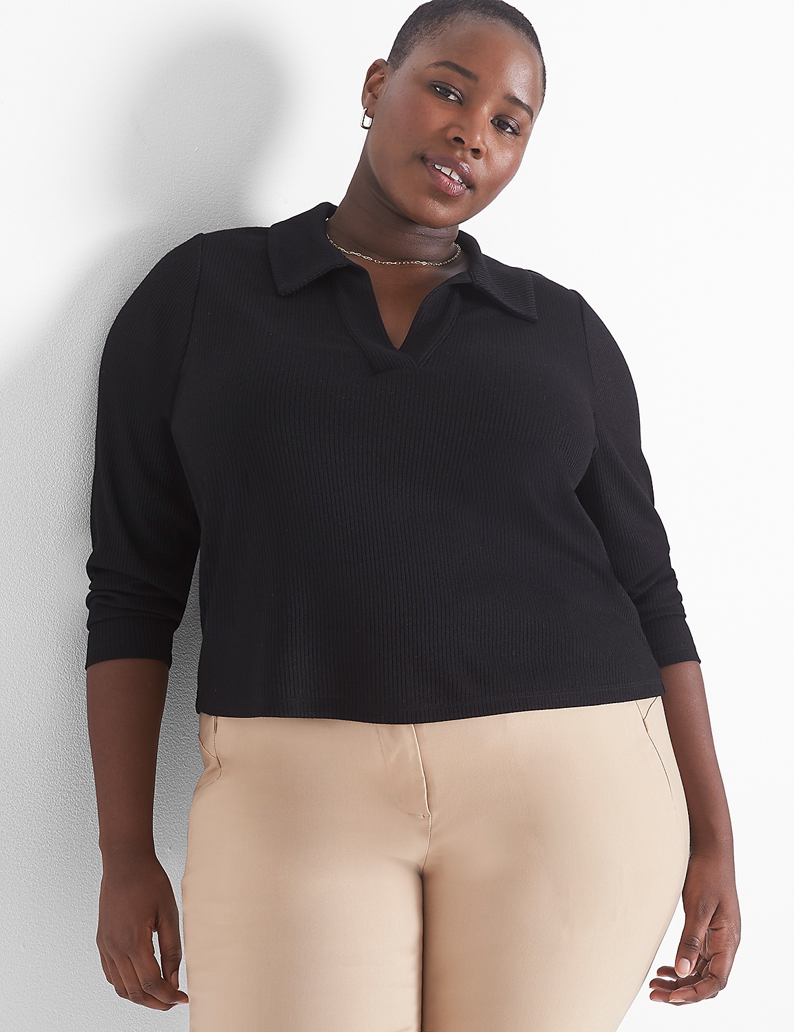 Classic Long Sleeve V-Neck Polo Rib | LaneBryant