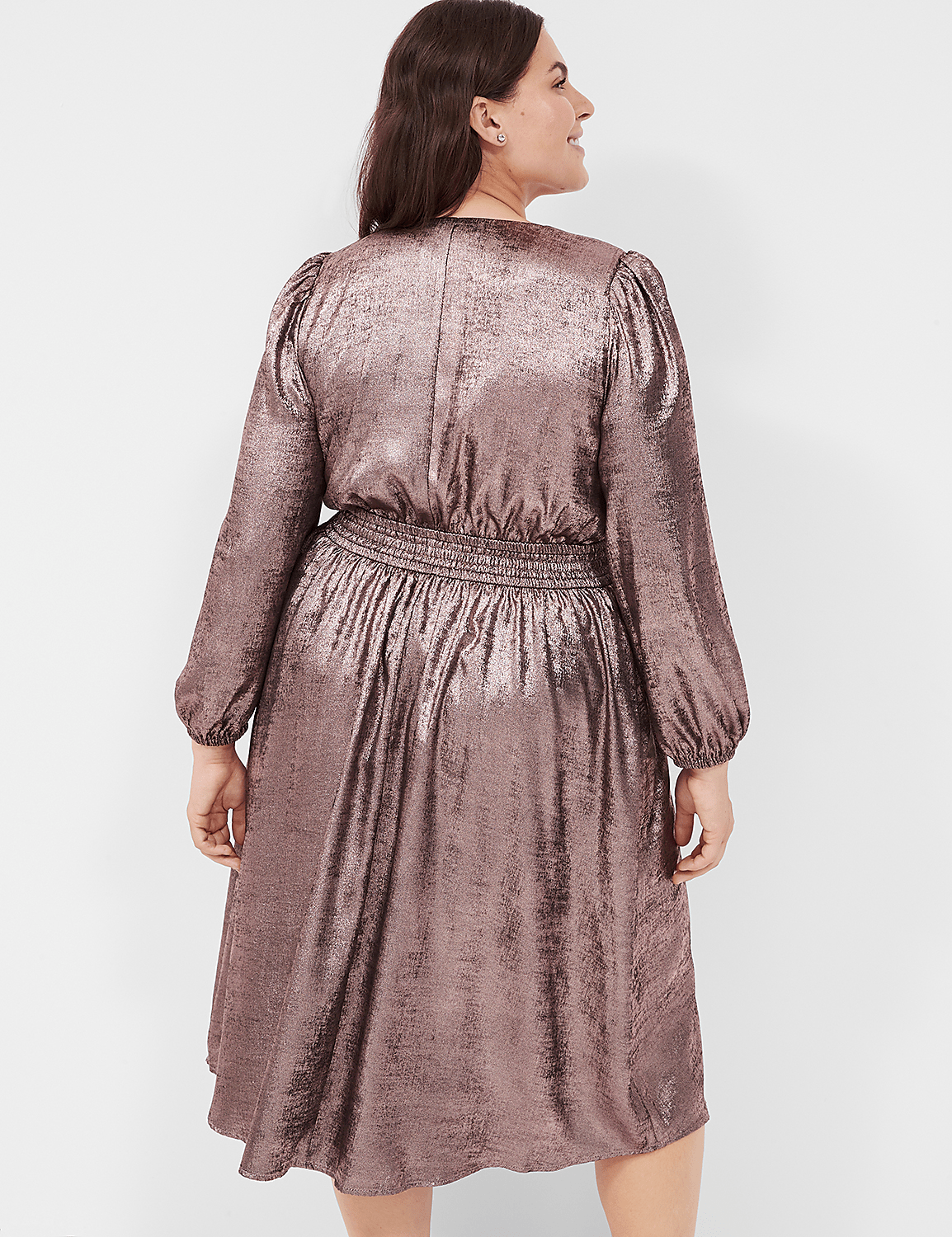 Blouson-Sleeve Surplice Metallic Midi Dress Product Image 2