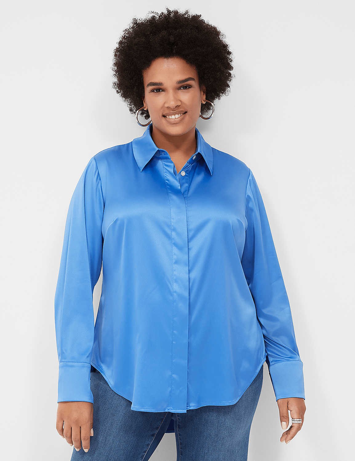 Long-Sleeve Button-Down Satin Shirt Product Image 1